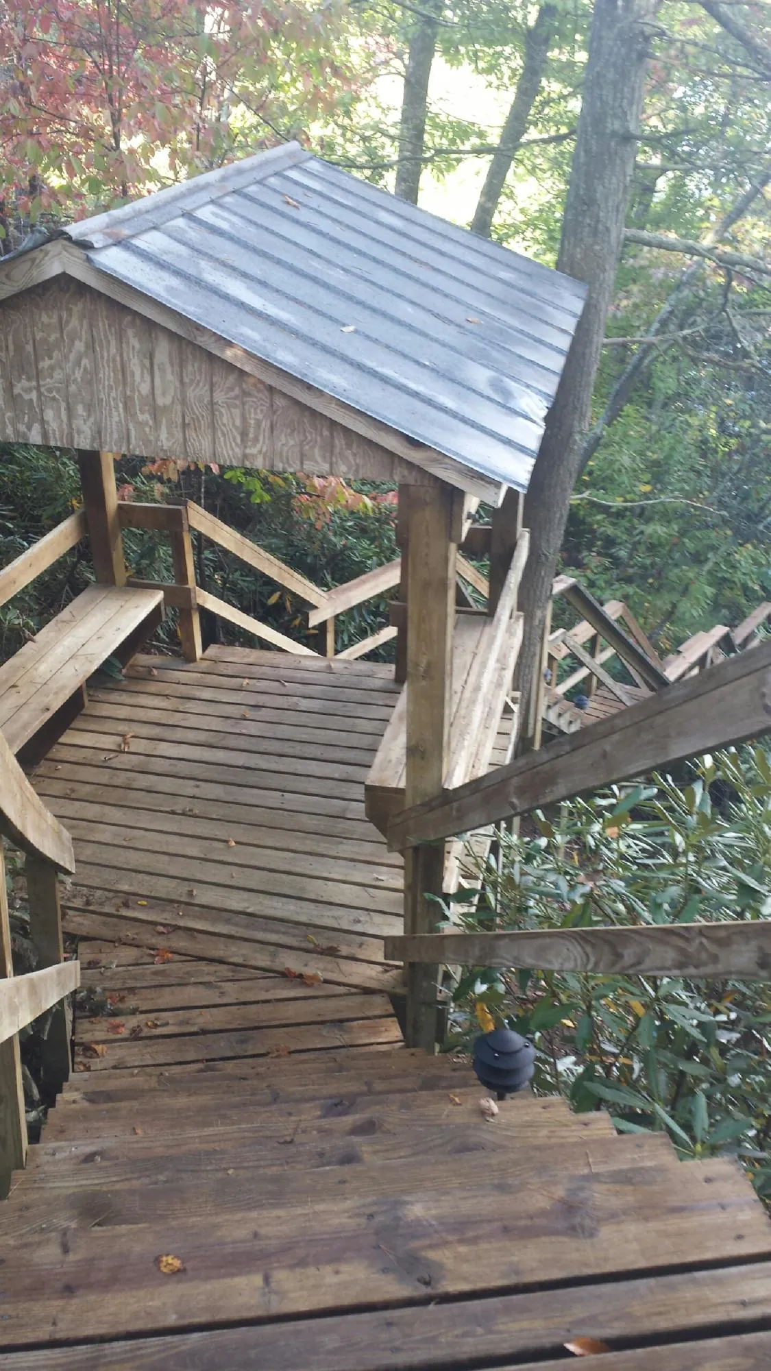 Metal roofed shelter over wooden steps on a wooded walkway — Skylight Repair & Installation work by our crew in Ione
